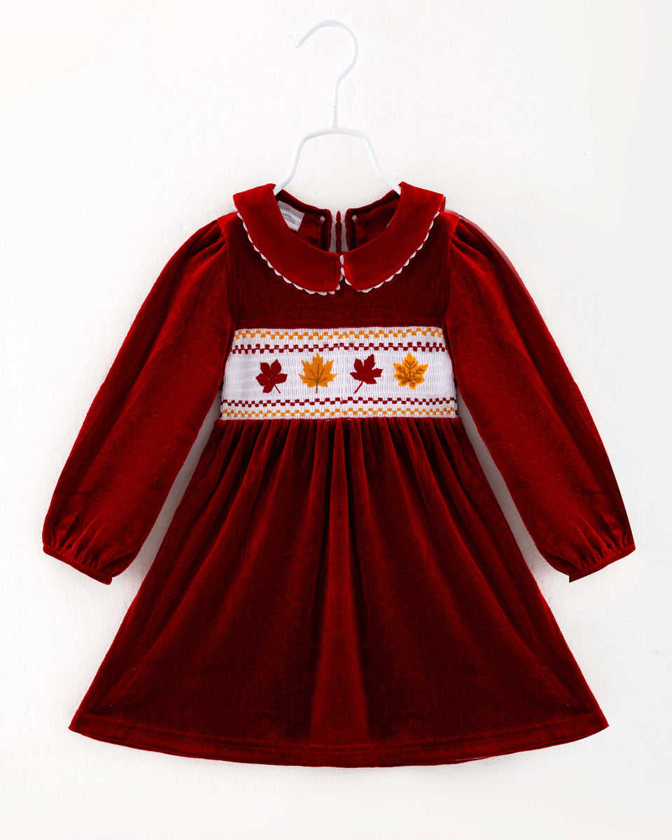 baby girl red velvet dress Red Velvet Leaves Girl Smocked Dress Childrens Clothes – Sunshine+Sass