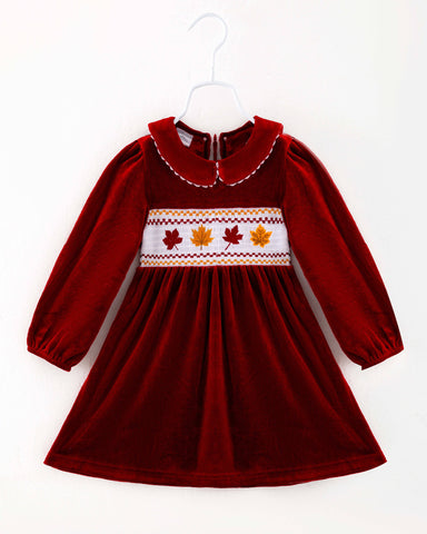 Red Velvet Leaves Girl Smocked Dress Childrens Clothes