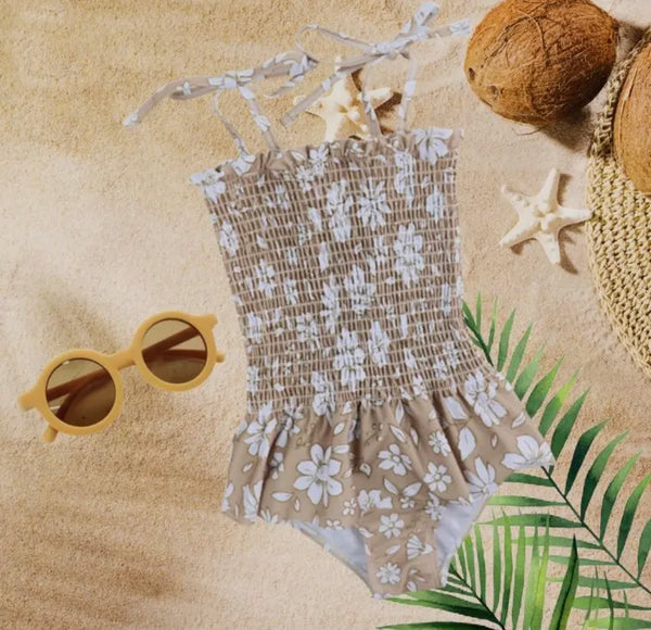 Tan & White Floral Swimsuit