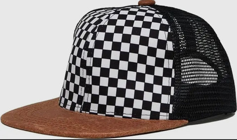Checker/ Faux Leather Trucker Hat
