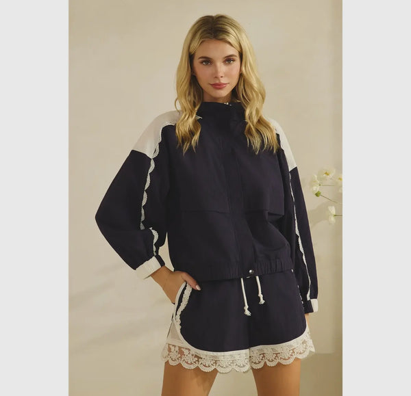 Navy Lace and Mesh Track Jacket