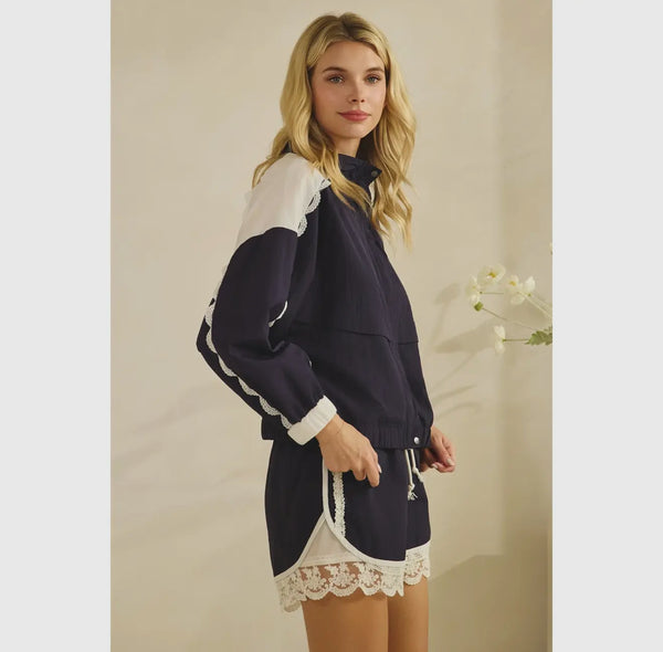 Navy Lace and Mesh Track Jacket