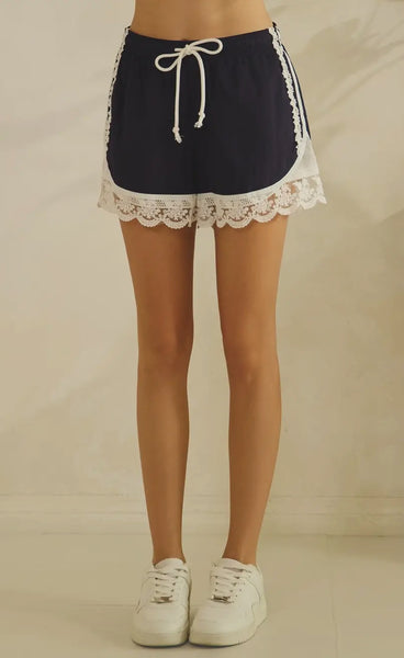 Navy Lace and Mesh Track Shorts
