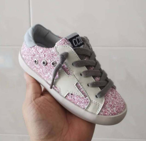 Soft Glitter Toddler Girls Sneakers with Crystal - TH346 Baby Kids Casual Shoes Champagne / 22