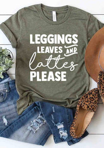 Leggings, Leaves, & Lattes Graphic Tee
